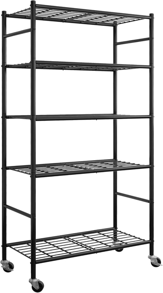 Storage Shelves Organizer - 5 Tier Metal Shelf Organizer with Metal Wheels and Adjustable Leveling Feet