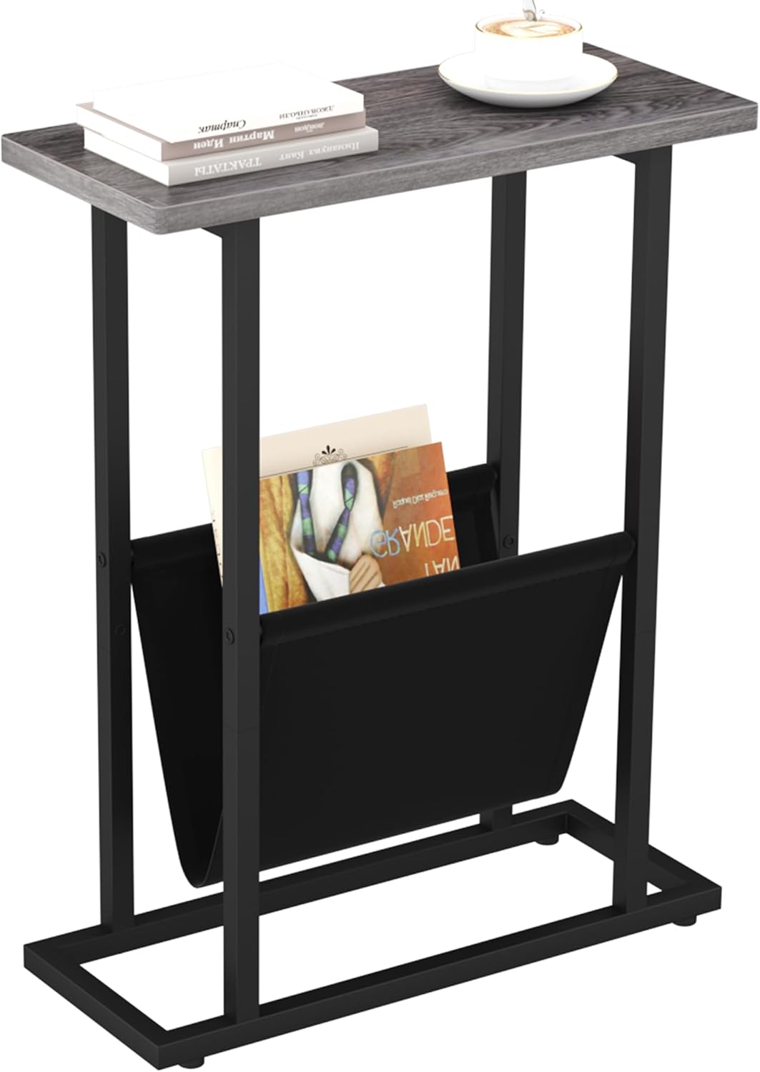 Narrow Side Table for Small Spaces, Small End Table with Magazine Holder, Skinny Slim