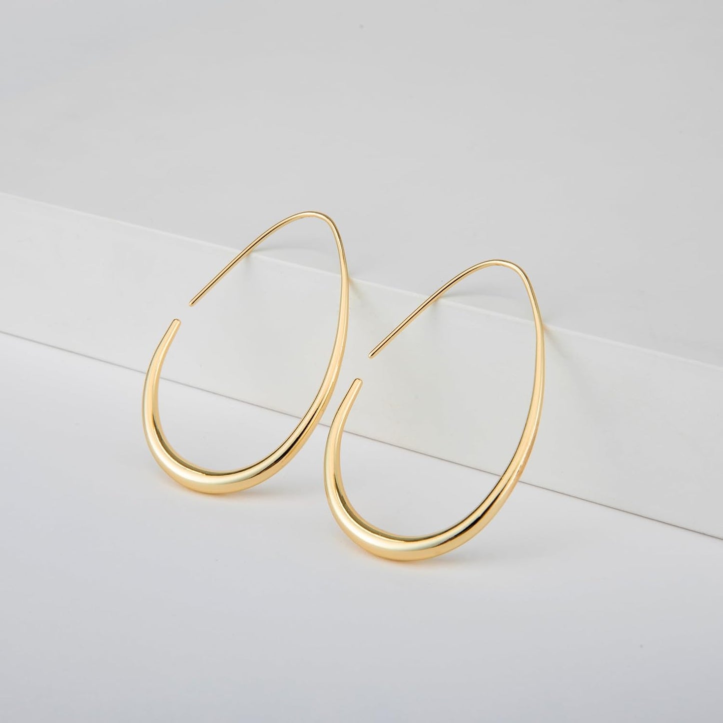Lightweight Teardrop Hoop Earrings for Women - 14k Gold/White Gold Plated Large Oval Pull Through Hoop Earrings High