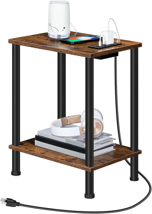 End Table with USB Port and Outlet, Nightstand with 2-Layer Storage Shelves