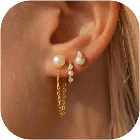 Gold Earrings for Women, 14k Gold Plated Dangle Huggie Earrings for Women Trendy Dainty Gold Hoop Earring Stacks  Pearl Chain Drop Cartilage