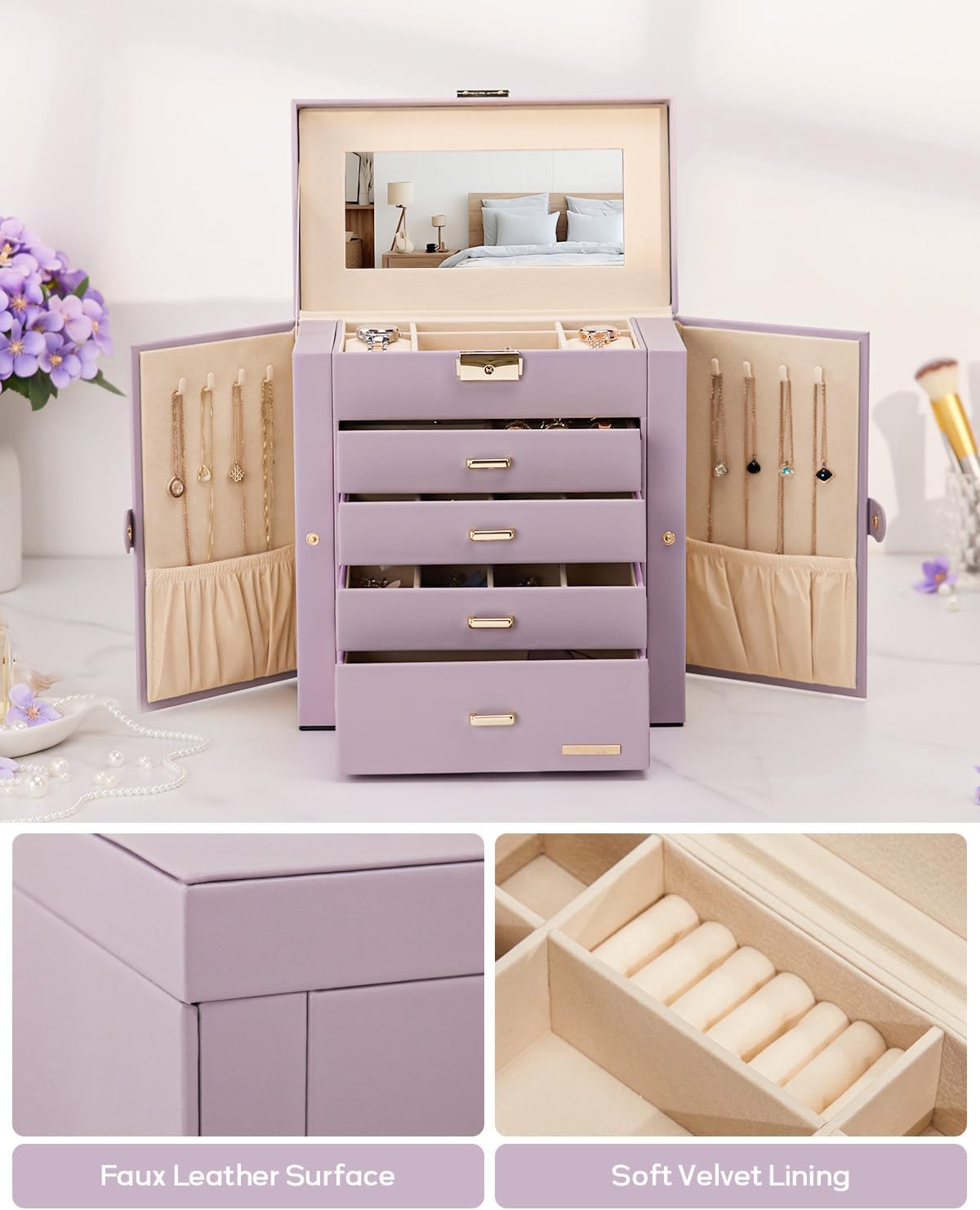 Synthetic Leather Huge Jewelry Box Mirrored Watch Organizer Necklace Ring Earring Storage Lockable
