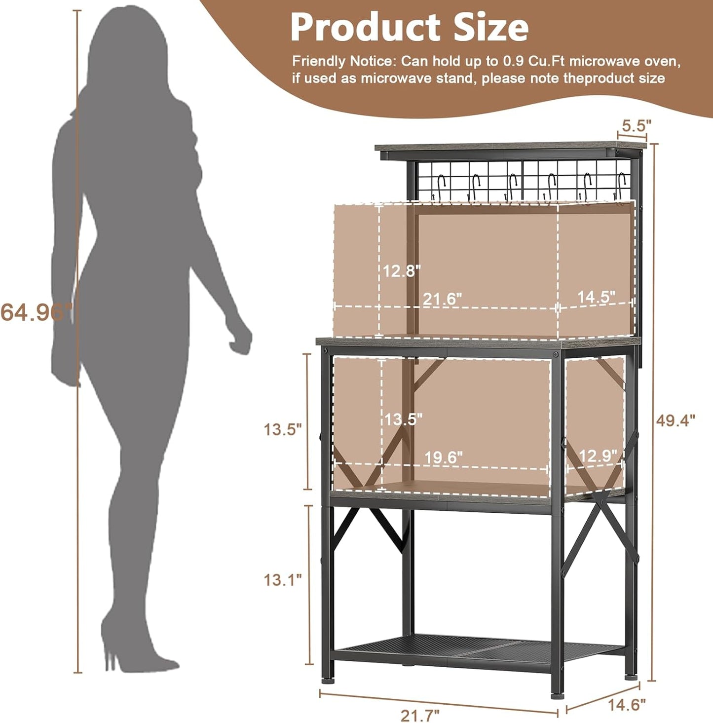 Bakers Rack, Microwave Stand with Storage 4 Tiers, Coffee Bar Station with 6 S Hooks and Pegboard