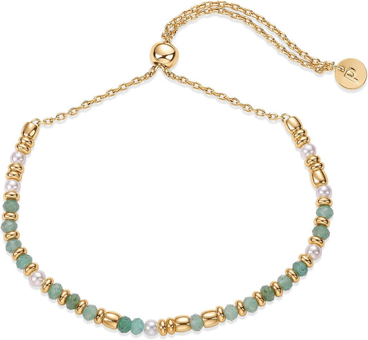 14K Yellow Gold Plated Beaded Enamel and Gemstones Bracelets | Colored Boho Festival Adjustable Slider Bracelet