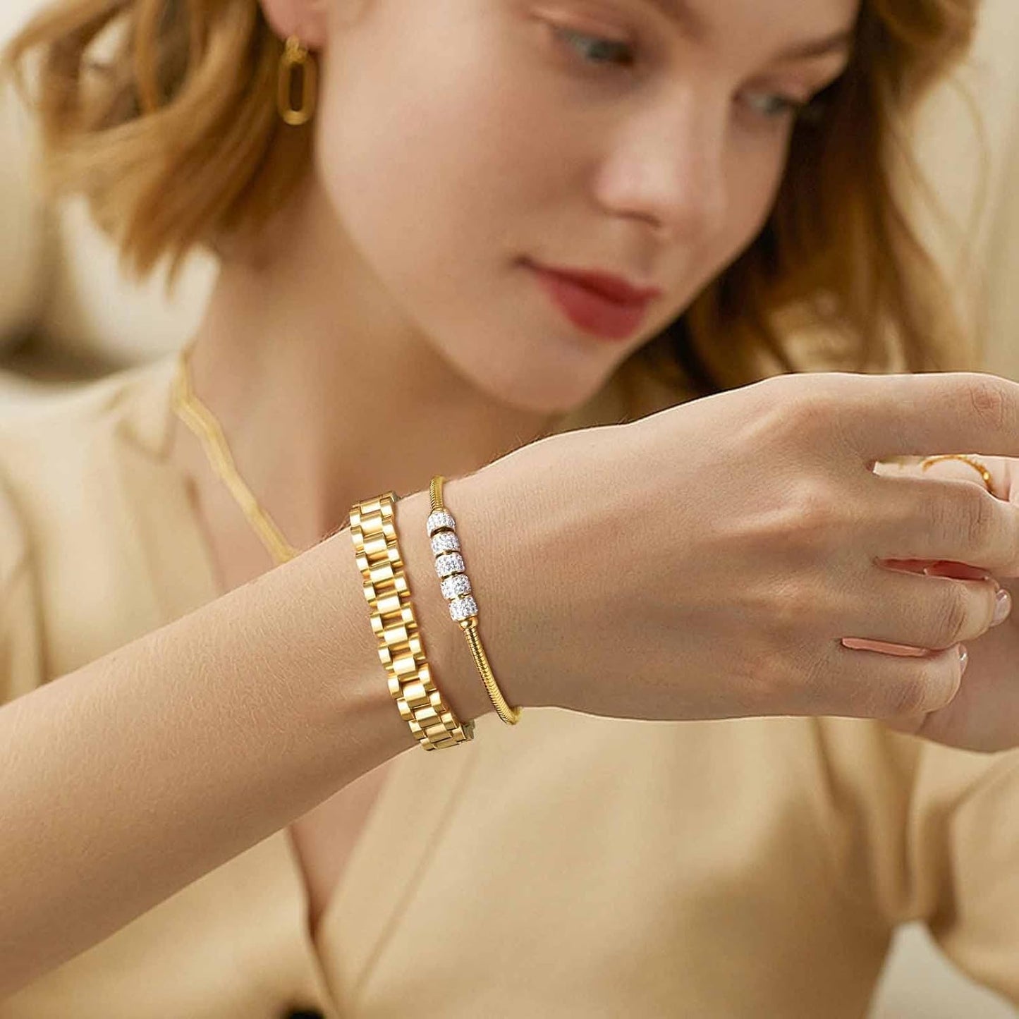 2pcs Gold Chain Link Bracelet, Stainless Steel Crystal Friendship Bracelets Bangle,Watch Band Chains Wristband