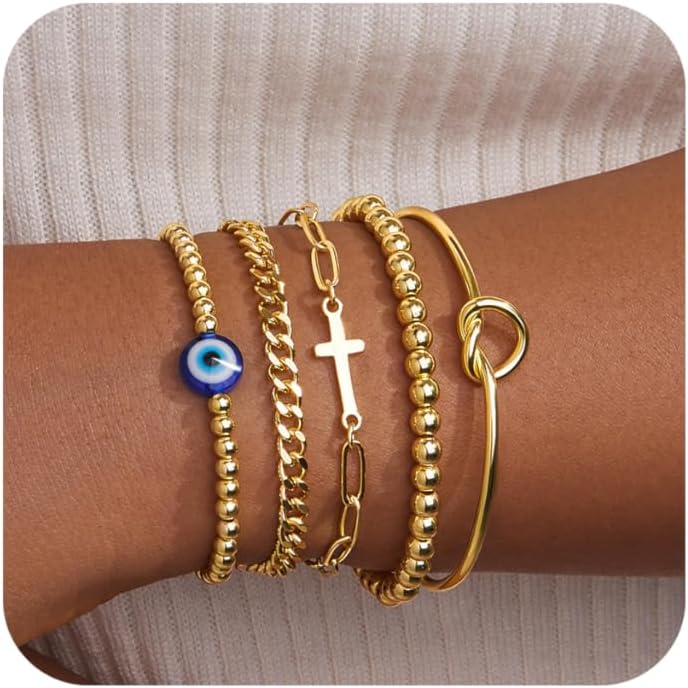 Gold Bracelets for Women,Dainty Bracelets Set for Women Trendy, Gold Bracelets Stack With Beaded, Cuban