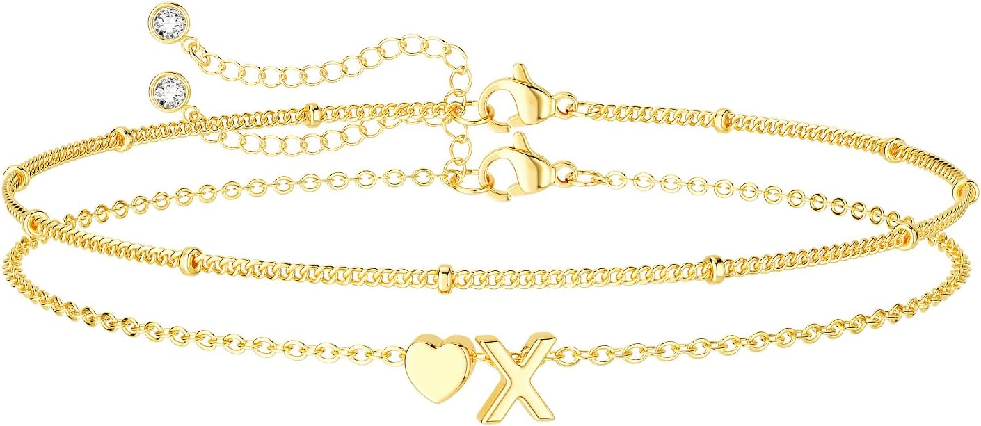 Dainty Initial Heart Gold Bracelets for Women Trendy, 14K Real Gold Letter Charm Bracelet Jewelry