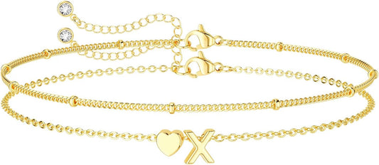 Dainty Initial Heart Gold Bracelets for Women Trendy, 14K Real Gold Letter Charm Bracelet Jewelry