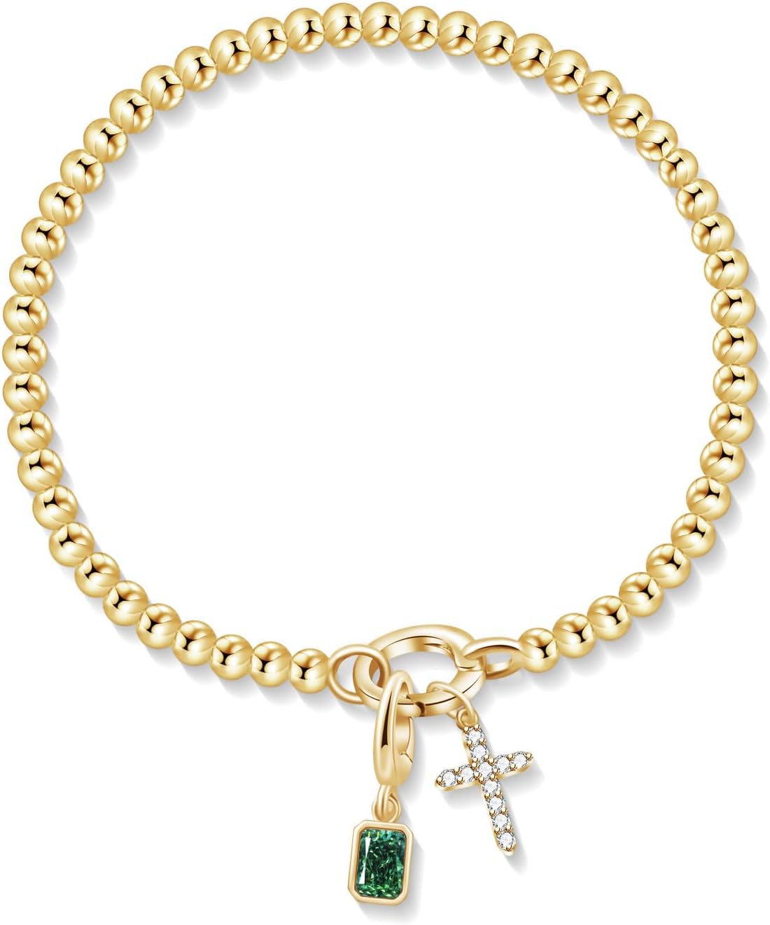 Free bird Cross Birthstone Bracelet | Dainty 14K Gold Plated Cross Charm Bracelet | Stretchable Elastic Gold Beaded Bracelet