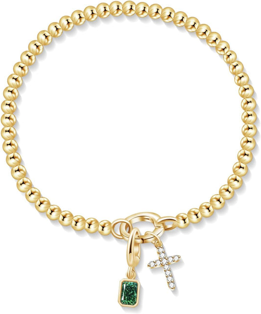 Free bird Cross Birthstone Bracelet | Dainty 14K Gold Plated Cross Charm Bracelet | Stretchable Elastic Gold Beaded Bracelet