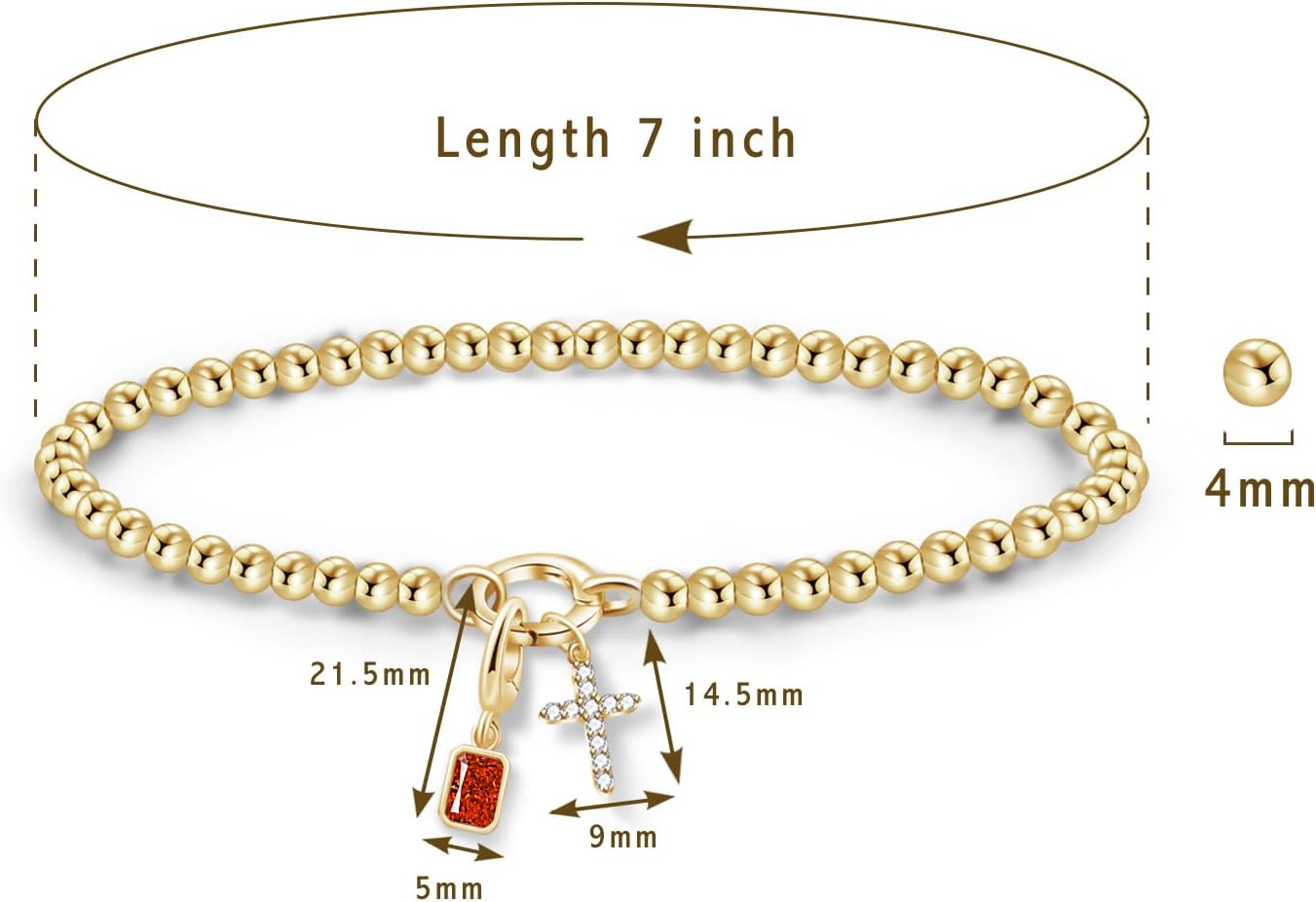 Free bird Cross Birthstone Bracelet | Dainty 14K Gold Plated Cross Charm Bracelet | Stretchable Elastic Gold Beaded Bracelet