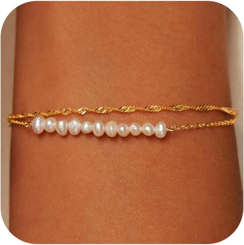Gold Bracelets for Women Trendy, 14K Real Gold Plated Dainty Stackable Pearl Snake Chain CZ Heart Pendant Bracelets Adjustable 6"+2"