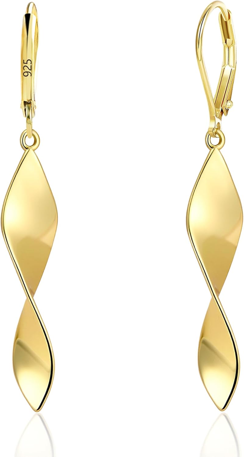 925 Sterling Silver Twisted Dangle Earrings for Women Hypoallergenic Handmade Earrings Spiral Leverback14k Gold Plated