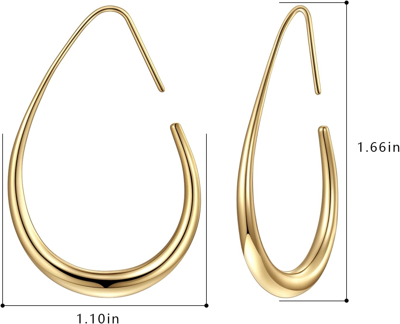 Lightweight Teardrop Hoop Earrings for Women - 14k Gold/White Gold Plated Large Oval Pull Through Hoop Earrings High