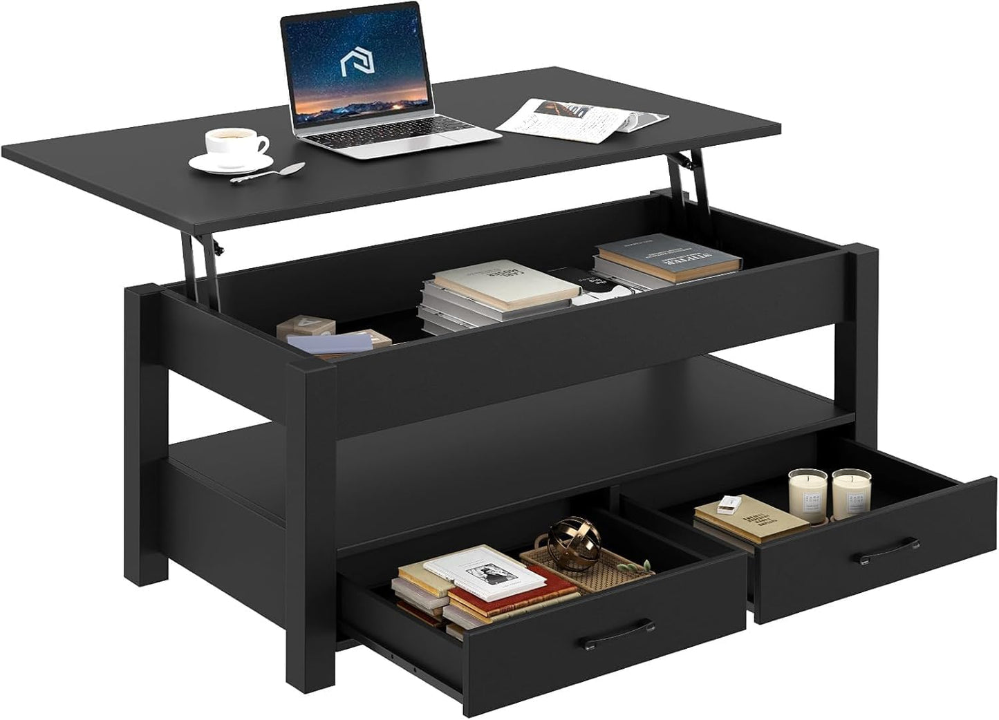 Living Lift Top Coffee Table with Drawers and Hidden Compartment, Retro Central Table with Wooden Lift Tabletop