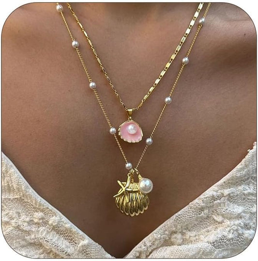 Layered Gold Shell Necklace With Conch & Starfish Pendant - Boho Non-Tarnish Summer Beach Vacation Jewelry Gift For Women