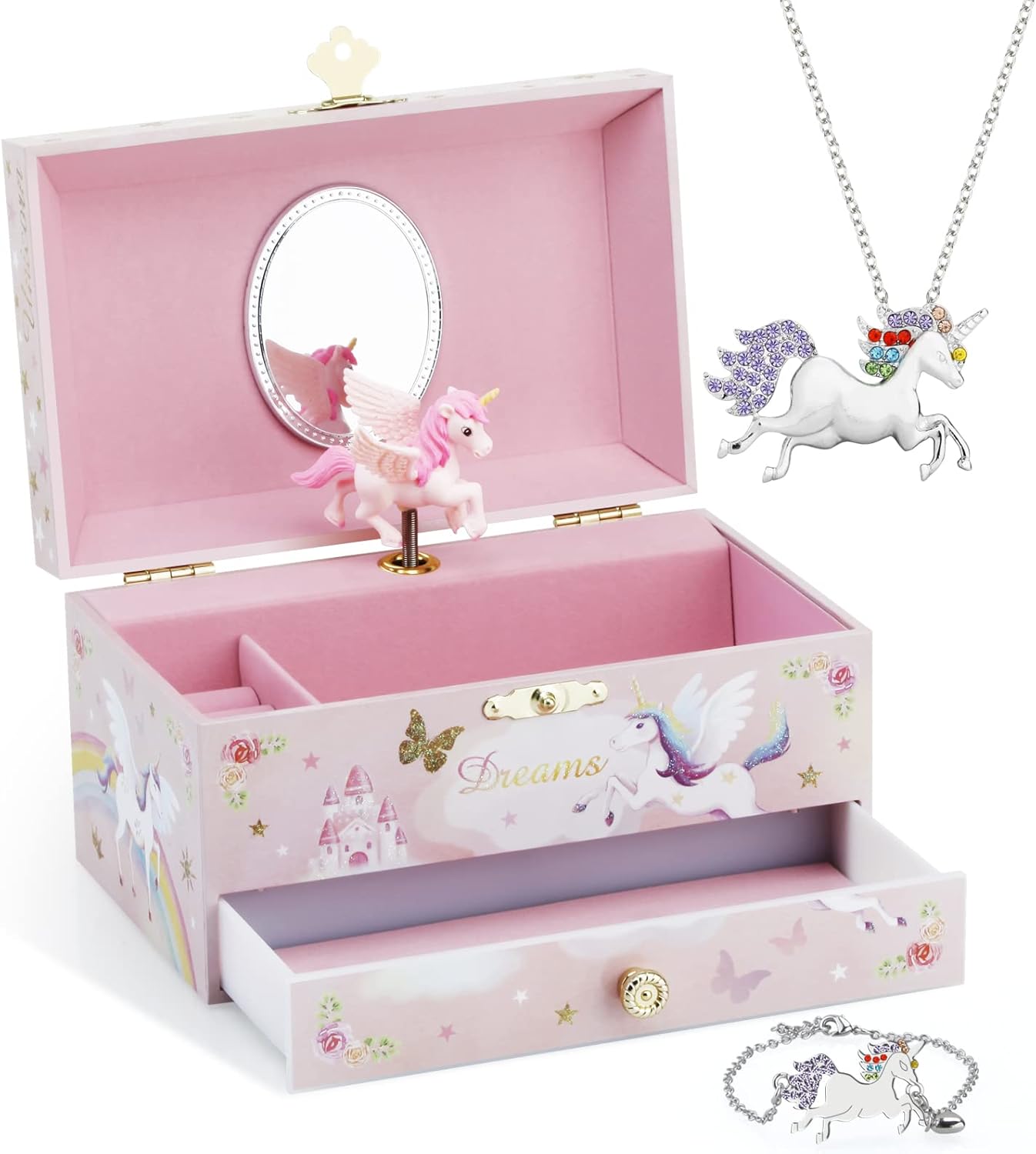 Kids Musical Jewelry Box for Girls with Drawer and Jewelry Set with Ballerina Theme