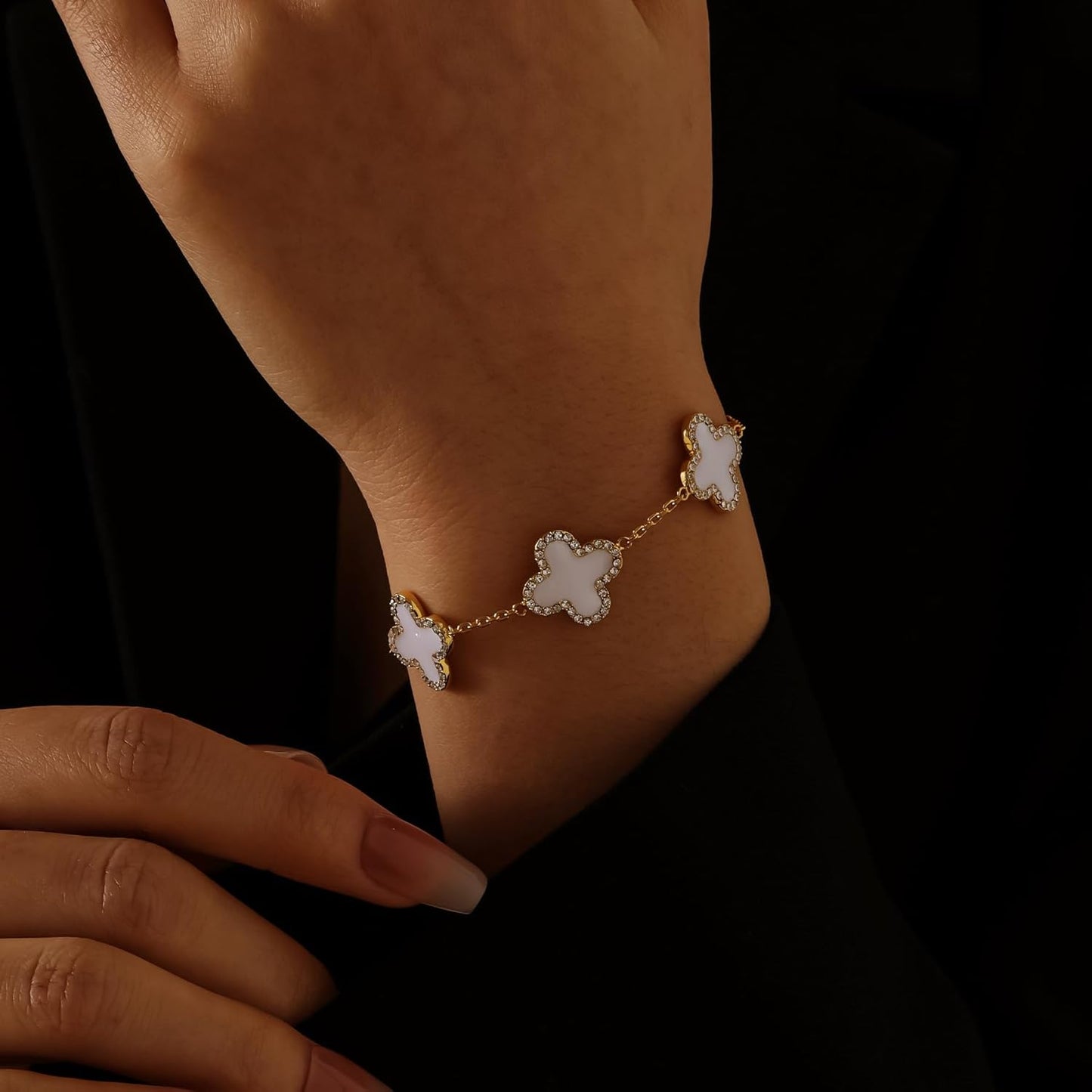 Qitian Clover Bracelet for Women 18K Gold Four Leaf Pink Lucky Link Clover Bracelets, Trendy Bracelets Set Jewelry