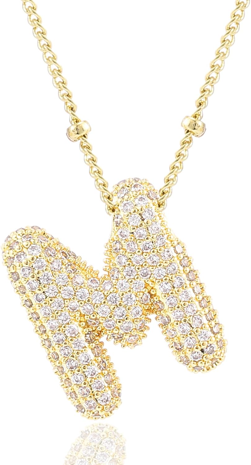 Personalized Chunky Initial Necklace: 14K Gold Plated Bubble Balloon Charm Pendant for Women