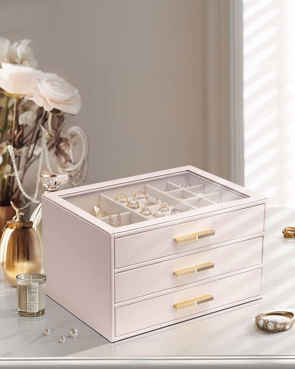 Jewelry Box for Women, Glass Lid Jewelry Organizer with 3 Drawers for Necklaces Rings Earrings Bracelets-Light Pink