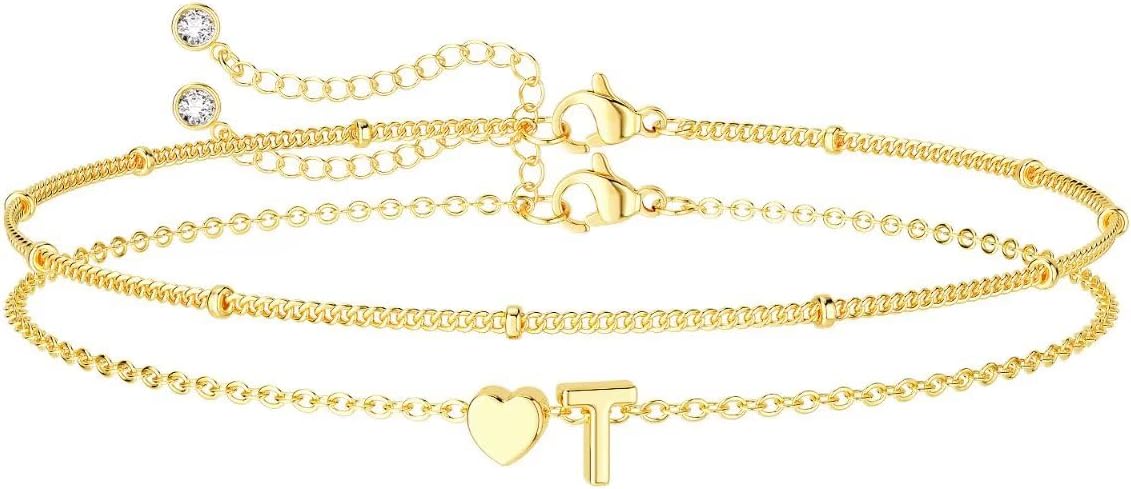 Dainty Initial Heart Gold Bracelets for Women Trendy, 14K Real Gold Letter Charm Bracelet Jewelry