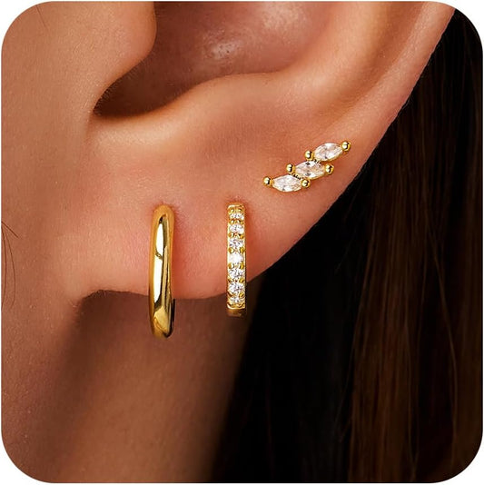 Inerney Gold Huggie Hoop Earrings Set for Women, Dainty Small Sterling Silver Earring Stacks Hypoallergenic Jewelry for Multiple Piercings