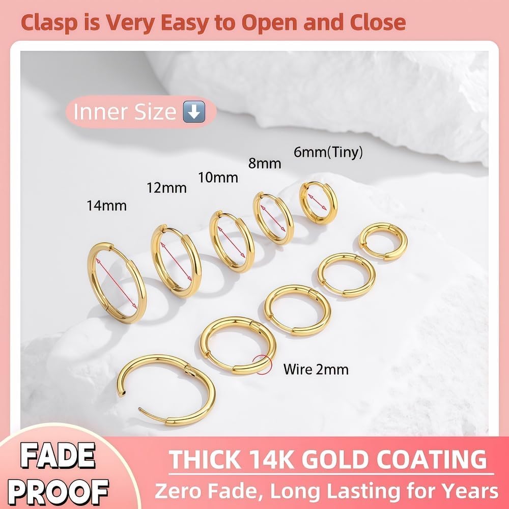 5 Pairs 14K Gold Plated Huggie Hoop Earrings for Women - Lightweight Minimalist Small Hoops,  Sensitive Ears, Multiple Piercing Stack Set