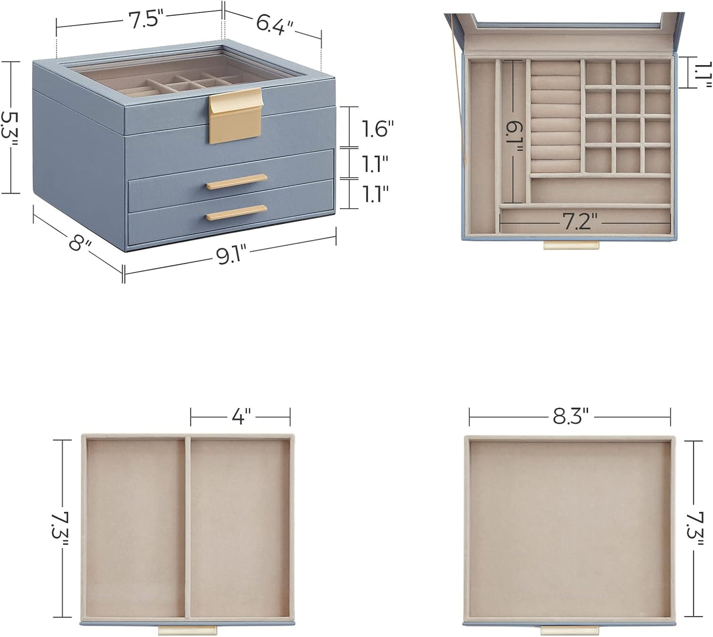 Jewelry Box Organizer with Glass Lid, 3-Layer Jewelry Storage, with 2 Drawers, Modern Style, Smoky Blue and Gold Color
