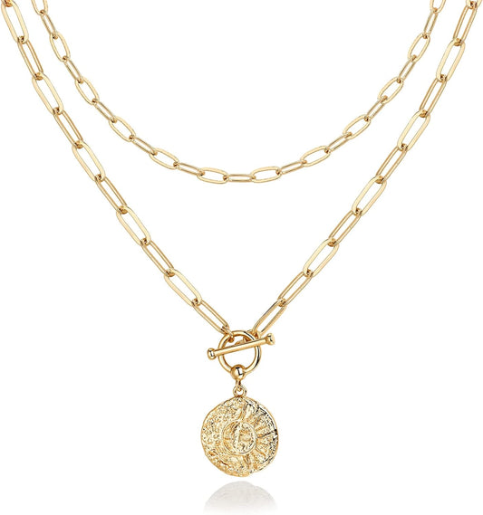 14K Gold Minimalist Layered Necklace with Geometric Charms