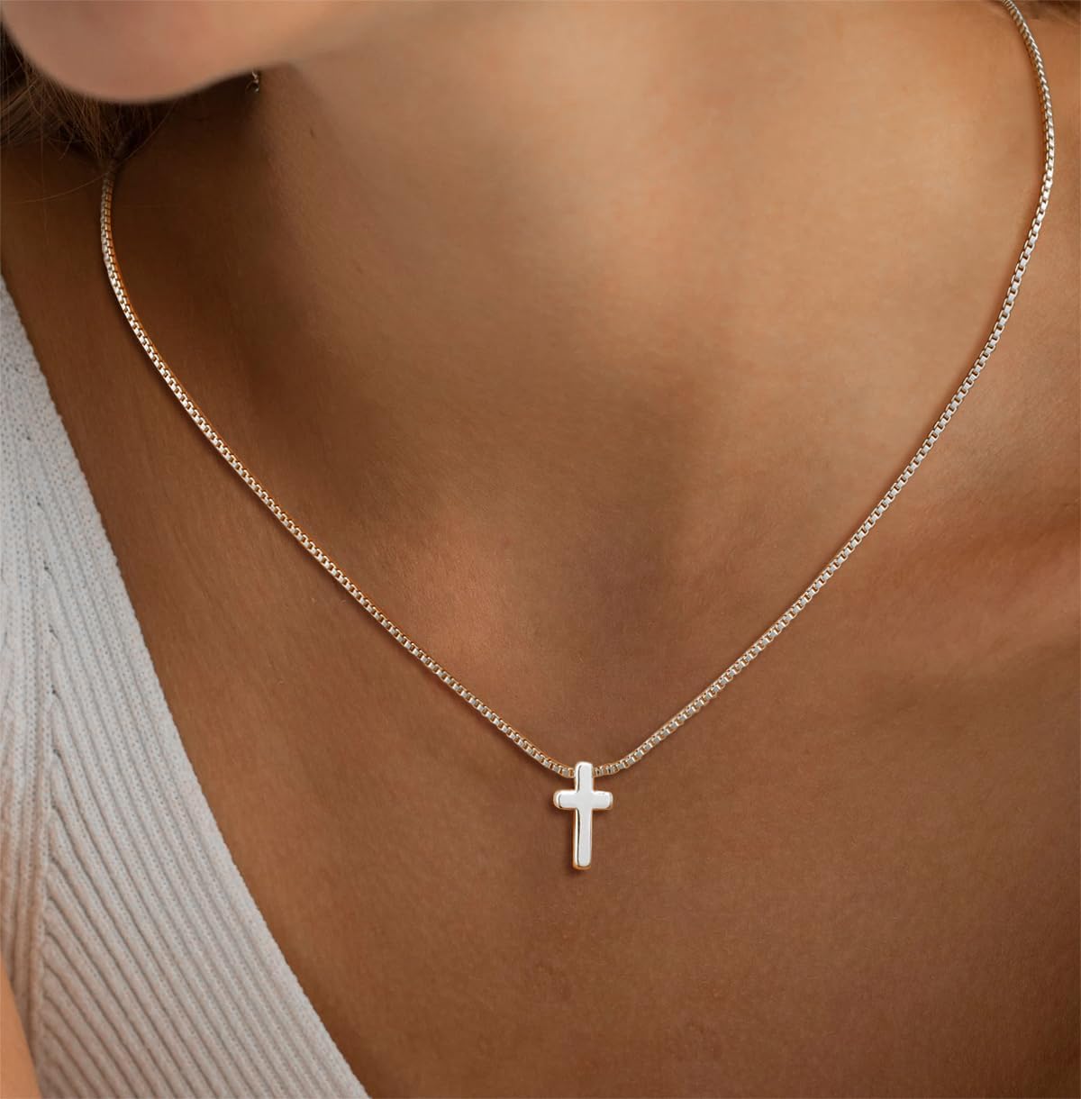 14K Gold/Silver Cross Necklace, CZ Box Chain with Pearl Beads, Minimalist Everyday Jewelry Gift for Women