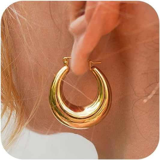 Chunky Gold Hoop Earrings for Women, 14k Gold Plated Thick Triple Hoop Earrings Hypoallergenic Trendy Chunky Gold Hoops