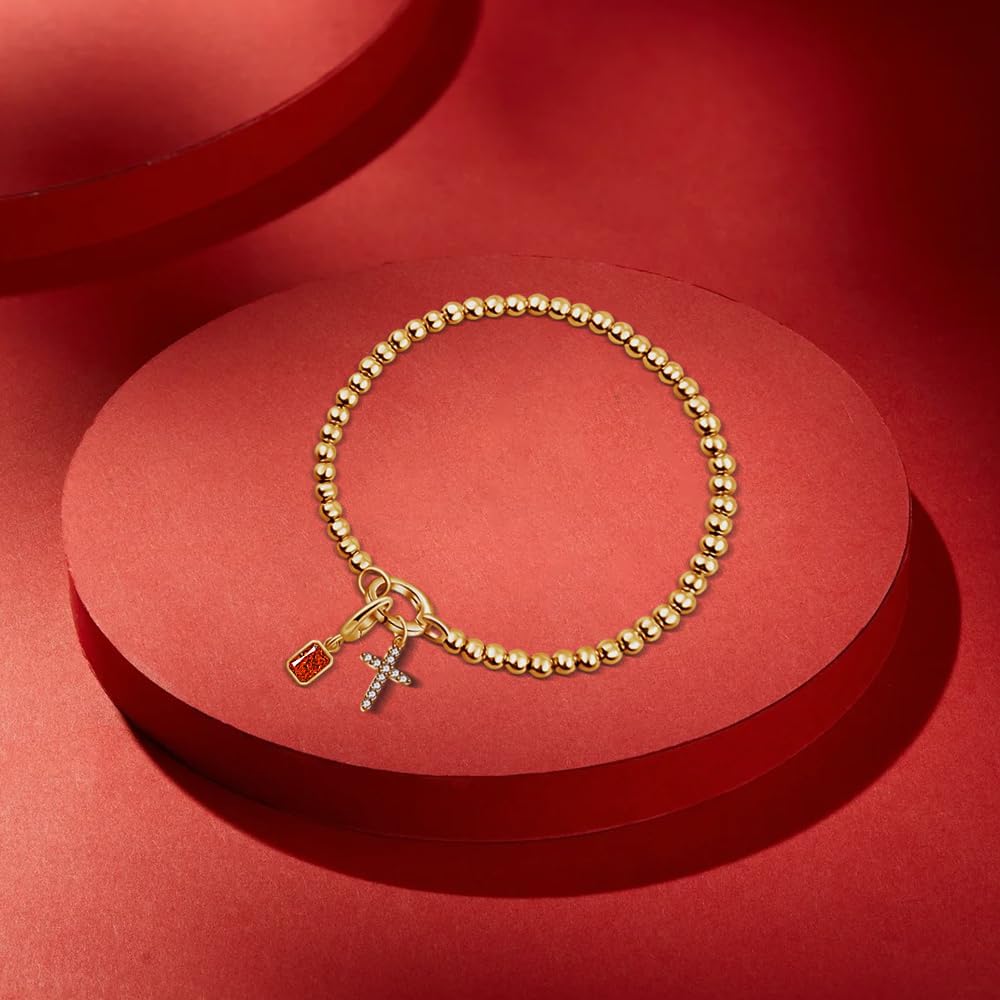 Free bird Cross Birthstone Bracelet | Dainty 14K Gold Plated Cross Charm Bracelet | Stretchable Elastic Gold Beaded Bracelet
