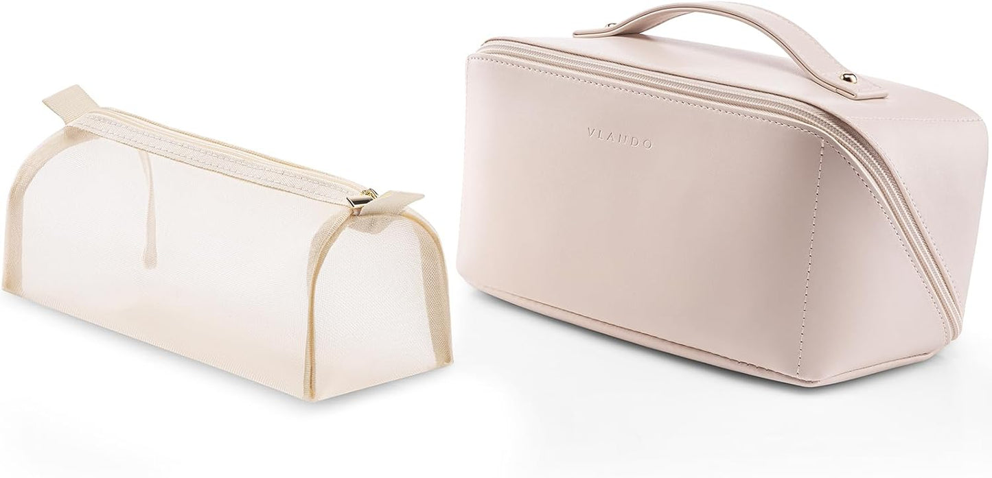 Makeup Bag,Large Capacity Travel Toiletry Bag,Cosmetic Bags for Women PU Leather Waterproof Portable Pouch with Divider & Handle-Toffee