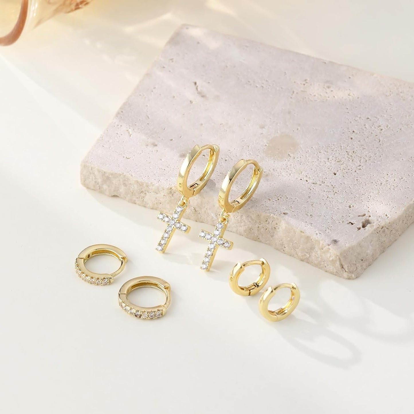 Gold Hoop Earrings Set for Women Trendy, 14K Gold Plated Chunky Hypoallergenic Small Diamond Cartilage Hoops Cute Cubic
