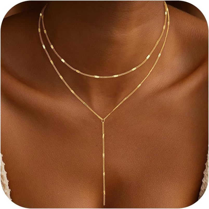 14K Gold Plated Lariat Necklace for Women - Y-Shaped Layered Bar & Beaded Chain
