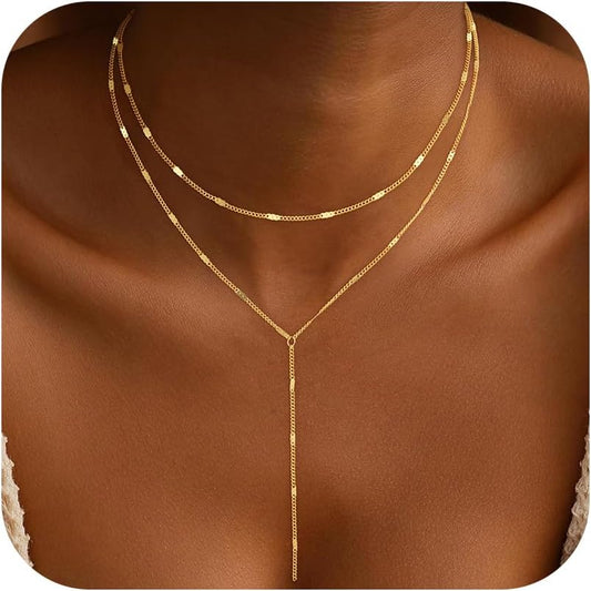 14K Gold Plated Lariat Necklace for Women - Y-Shaped Layered Bar & Beaded Chain