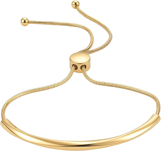 Yowivon Dainty 14K Gold Plated Bracelets for Women, Adjustable Slider Cuff Bangle Bracelets, Gold Curved Bar Hammered Bangle