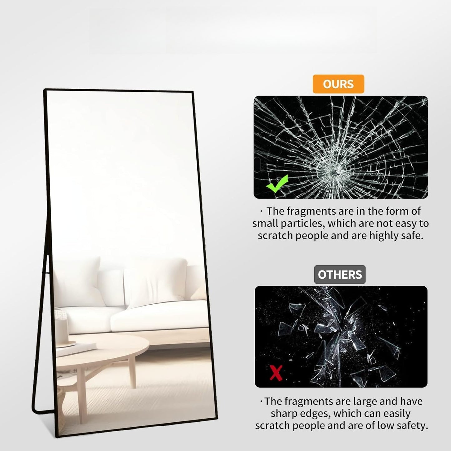 65" x 24" Full Length Mirror with Stand, Black Wall Mounting Full Body Mirror, Metal Frame Full