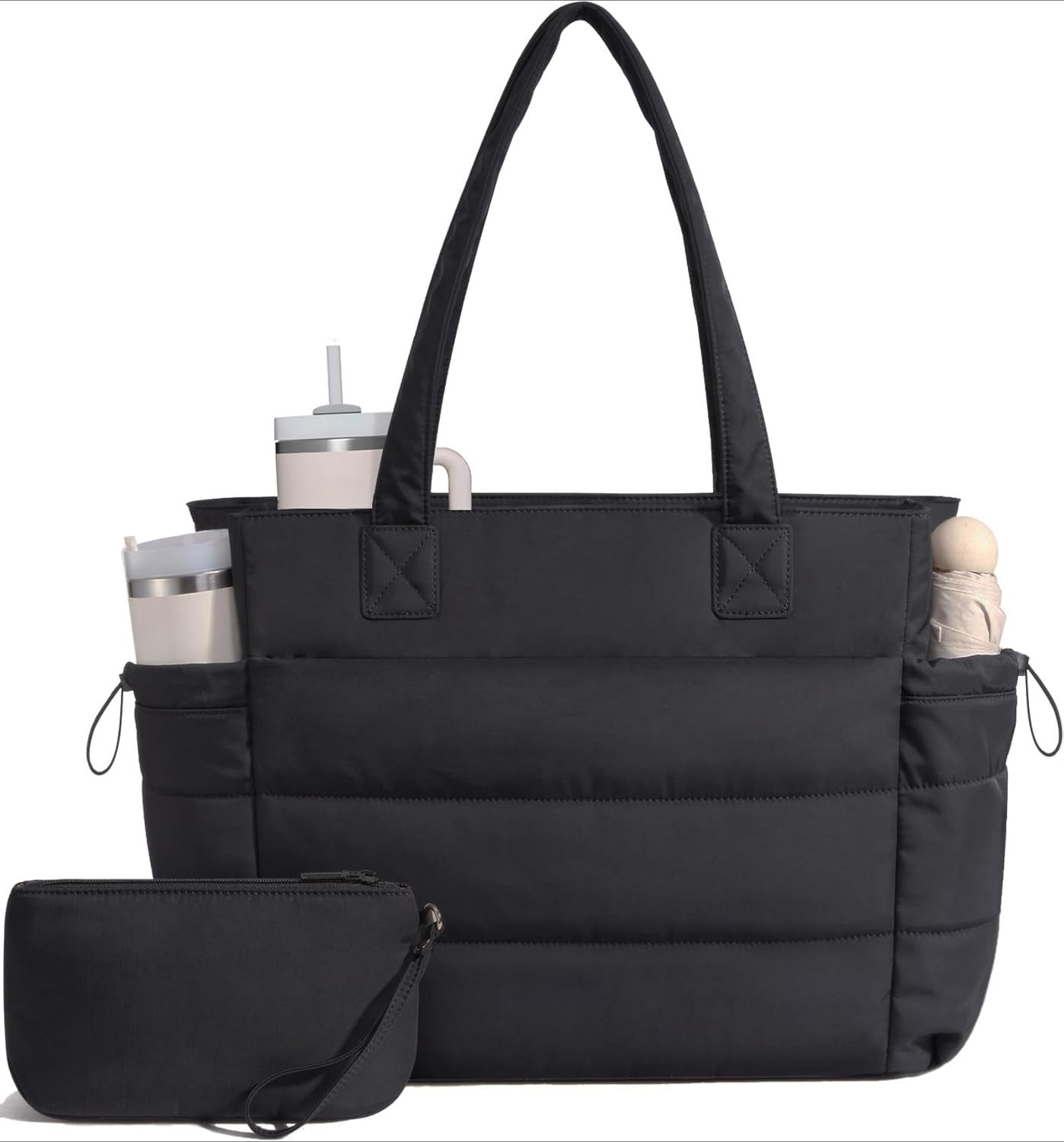 Tote Bag for Women with Giant Tumbler Holder Pocket, Puffer Work Travel Laptop Handbag with Zipper