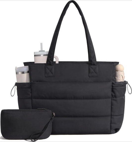 Tote Bag for Women with Giant Tumbler Holder Pocket, Puffer Work Travel Laptop Handbag with Zipper