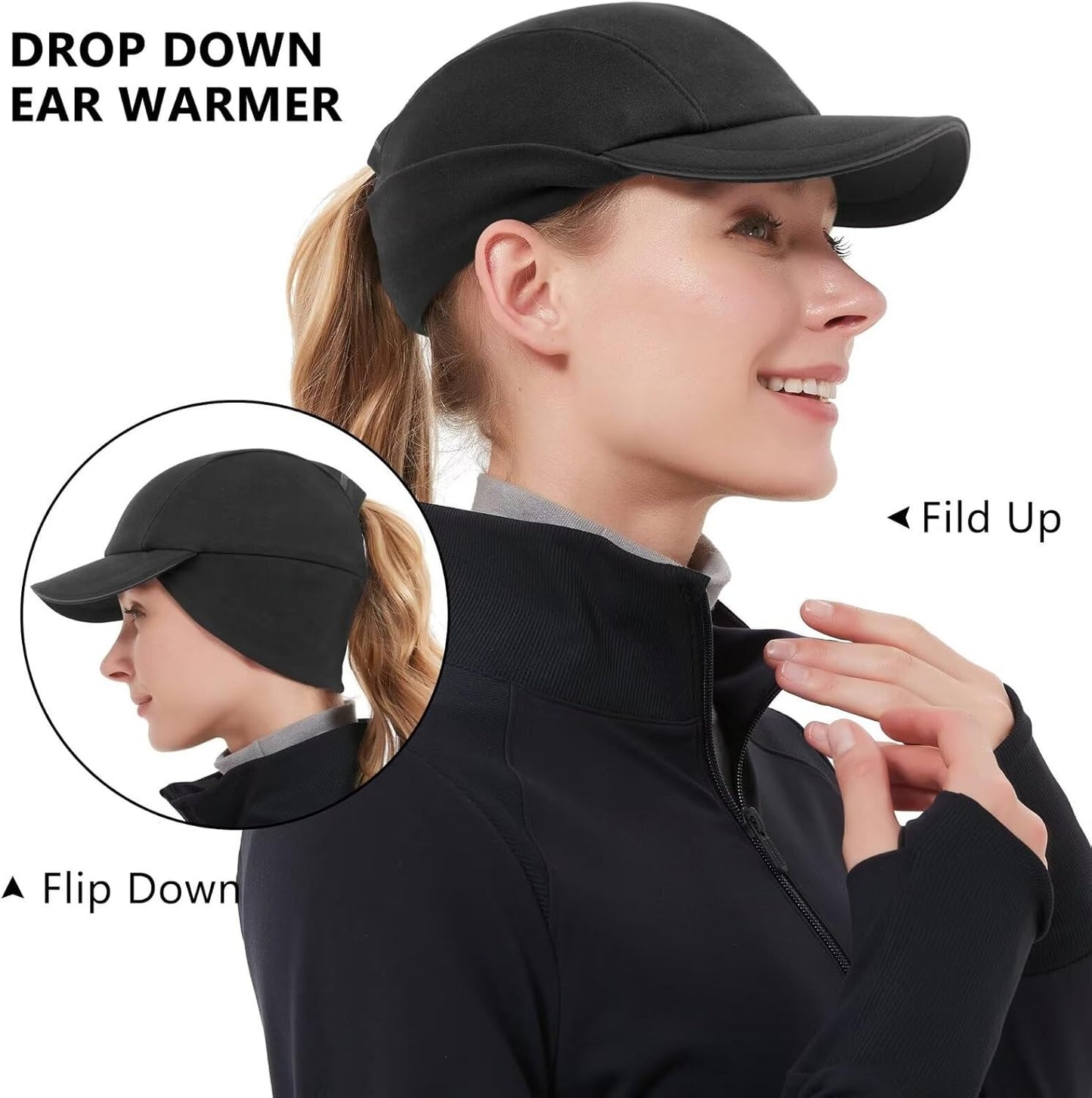 Women's Winter Reflective Fleece Ponytail Hat with Drop Down Ear Warmer