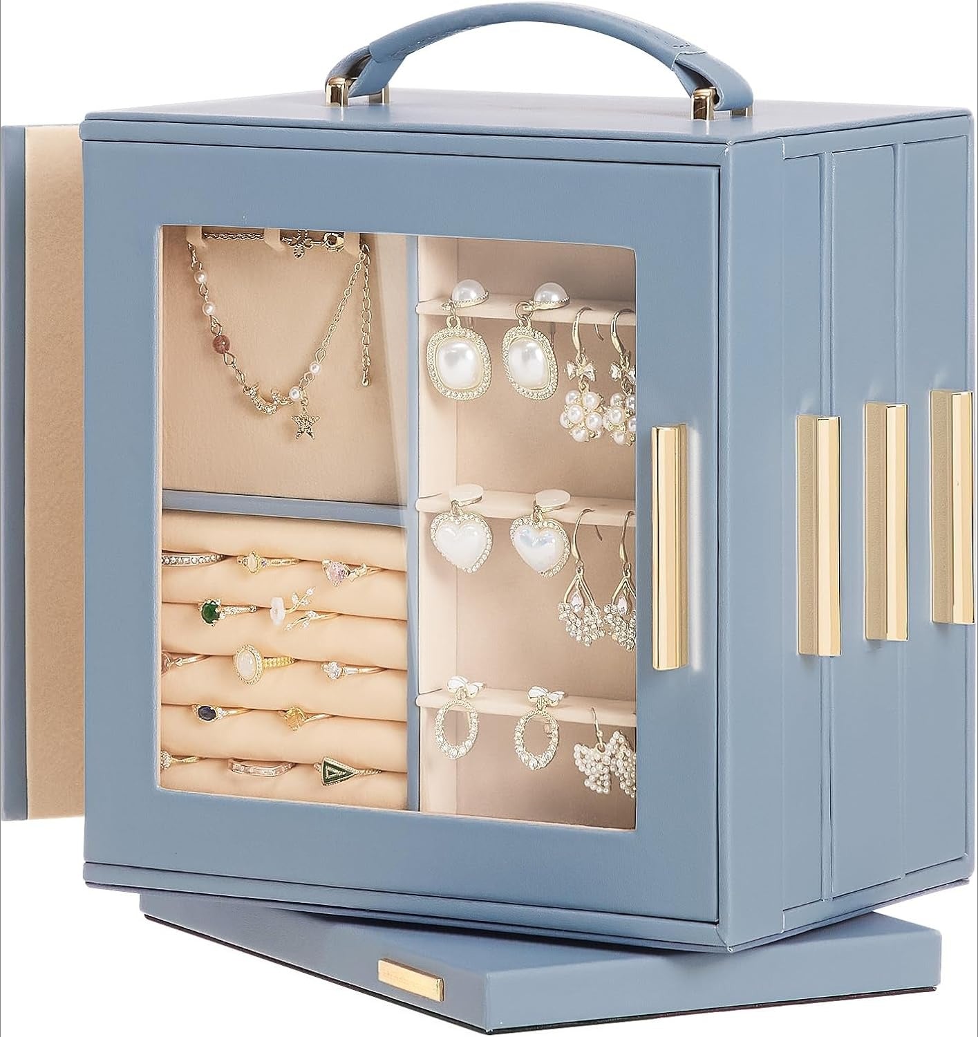 Jewelry Box 360° Rotating, Necklace Earring Organizer with Transparent Window, Mirror, 7 Drawers