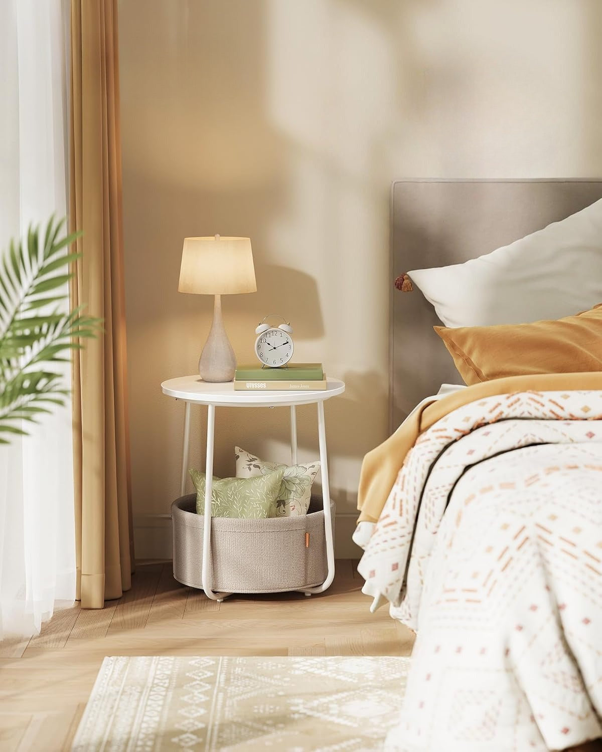 Small Round Side End Table, Modern Nightstand with Fabric Basket