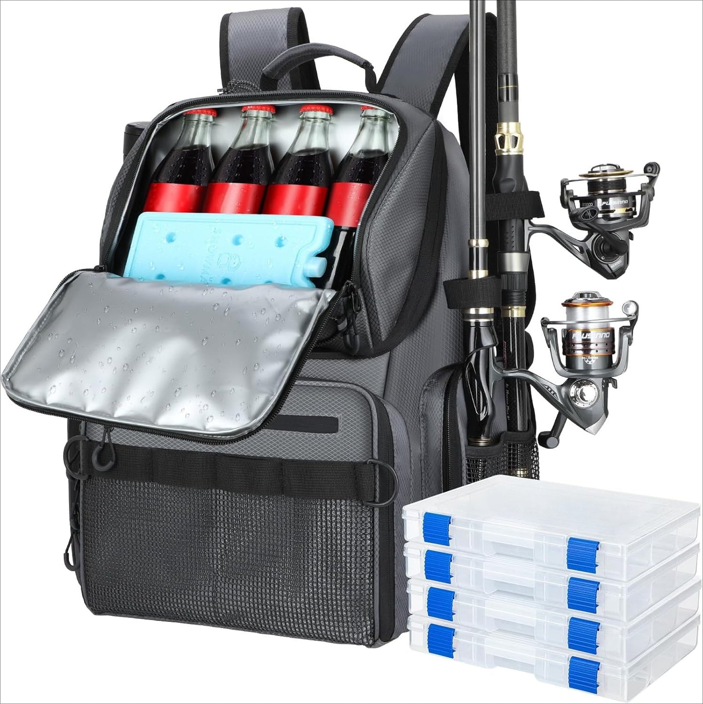 Cooler Fishing Backpack with Rod Holders 45L Large Water-resistant Fishing Tackle bag Store Fishing