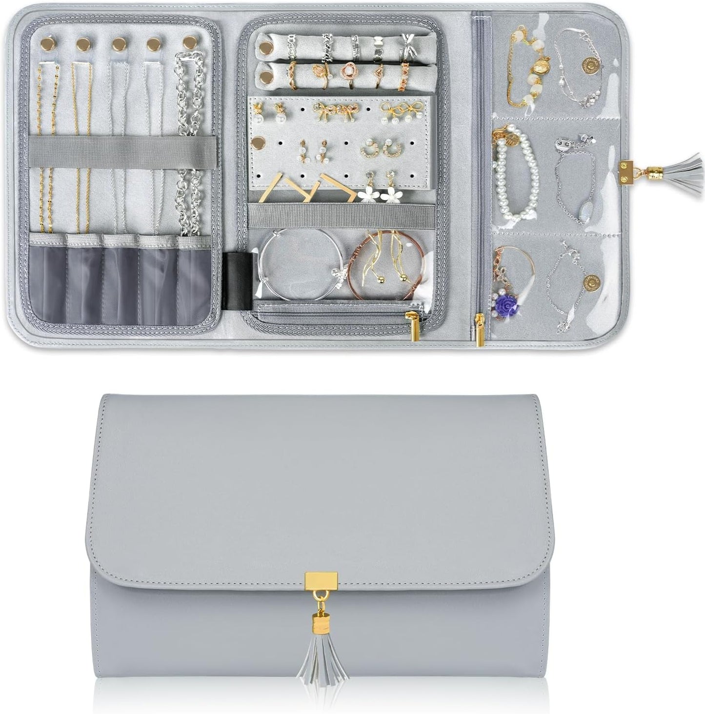 Jewelry Travel Organizer , Portable Leather Jewelry Storage Roll Bag Envelope Clutch