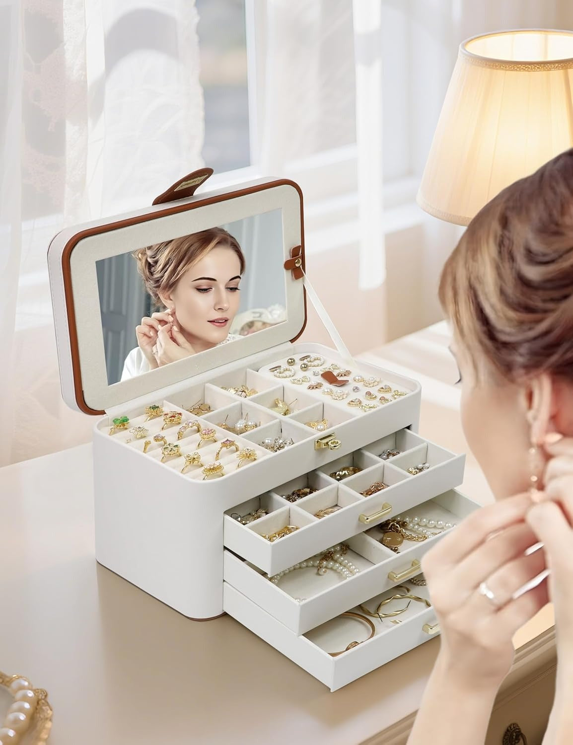 4 Layer Jewelry Organizer with Mirror, 3 Drawers, Jewelry Storage Box, for Earring, Necklace, Bracelet, Ring