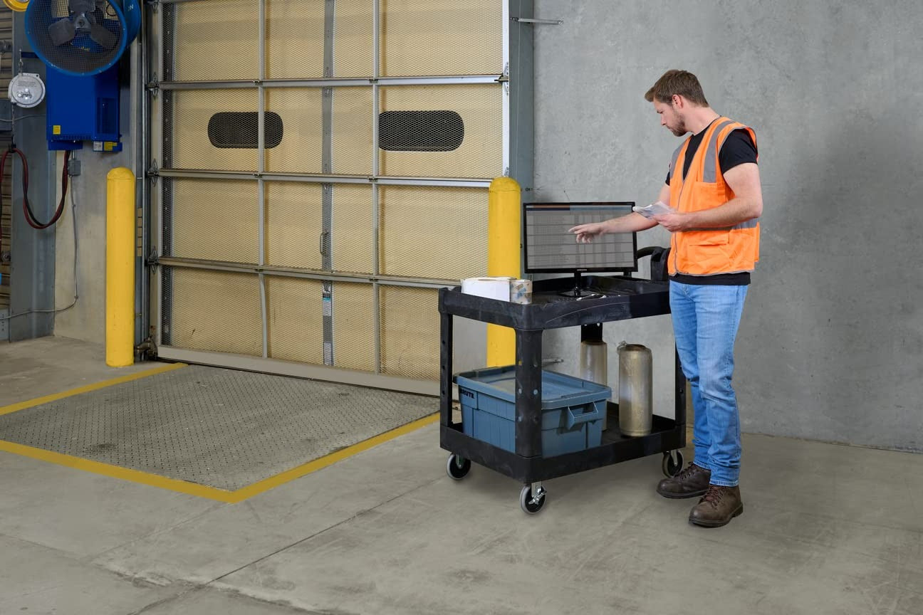 2-Shelf Utility/Service Cart, Medium, Black, Lipped Shelves, Warehouse/Garage/Cleaning