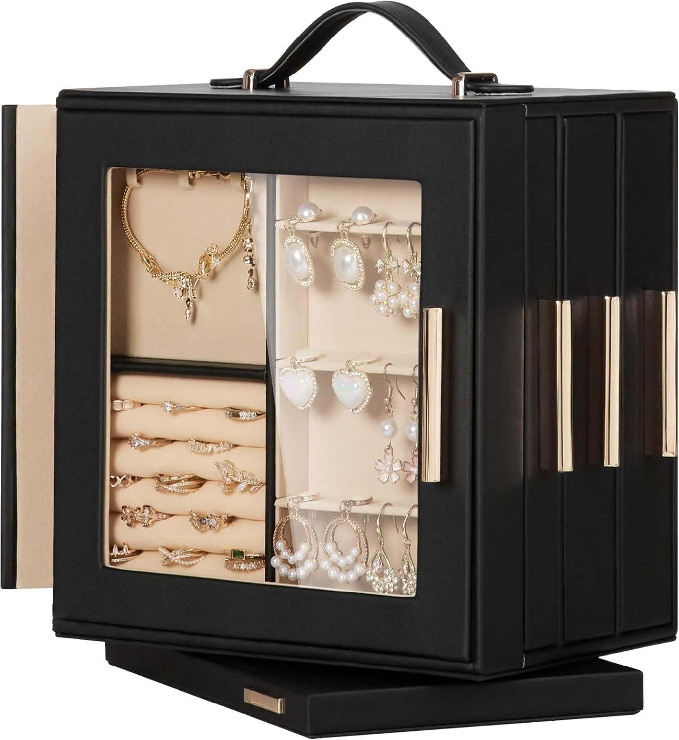 Jewelry Box 360° Rotating, Necklace Earring Organizer with Transparent Window, Mirror, 7 Drawers