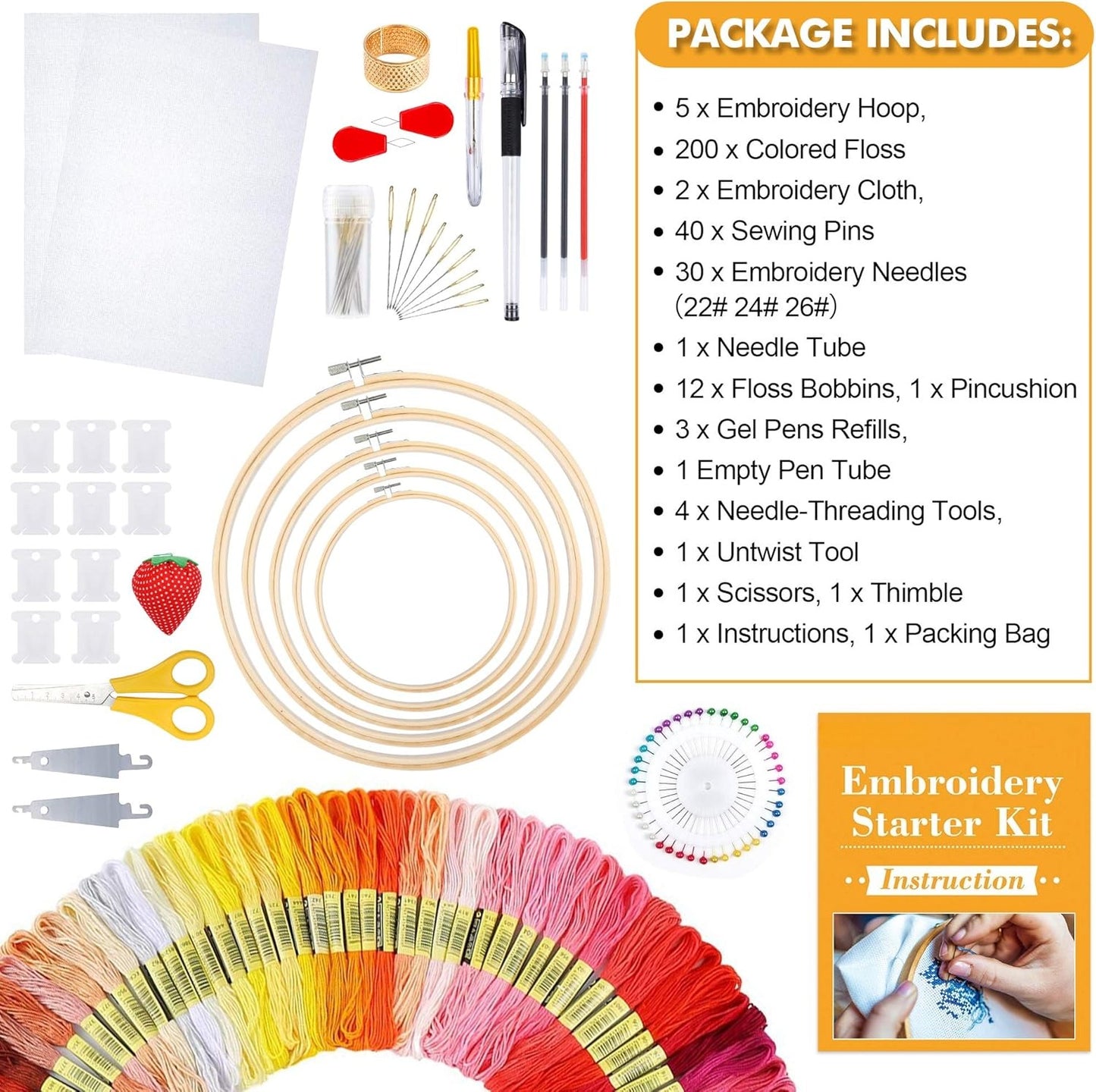 OMOMMD 304 Pack Embroidery Kit, 200 Colors Threads, 5 Pcs Bamboo Embroidery Hoops, 2 Pcs Aida Cloth, Instructions, Bag and Cross Stitch Tools Set, Hand Embroidery Starter Kit for Beginners Adults