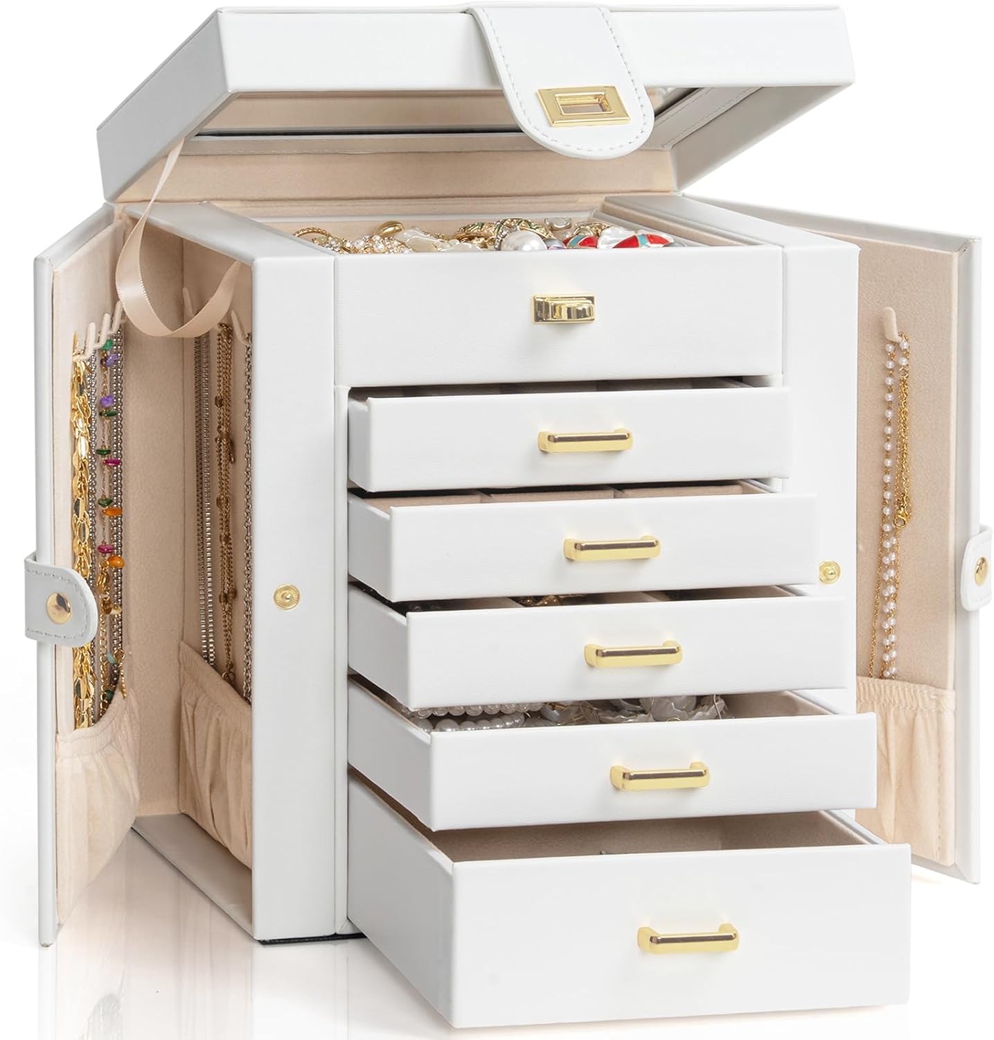 6-Tier Jewelry Box Organizer with 5 Drawers Leather Jewelry Storage Case for Women Girls Holder Organizer with Mirror